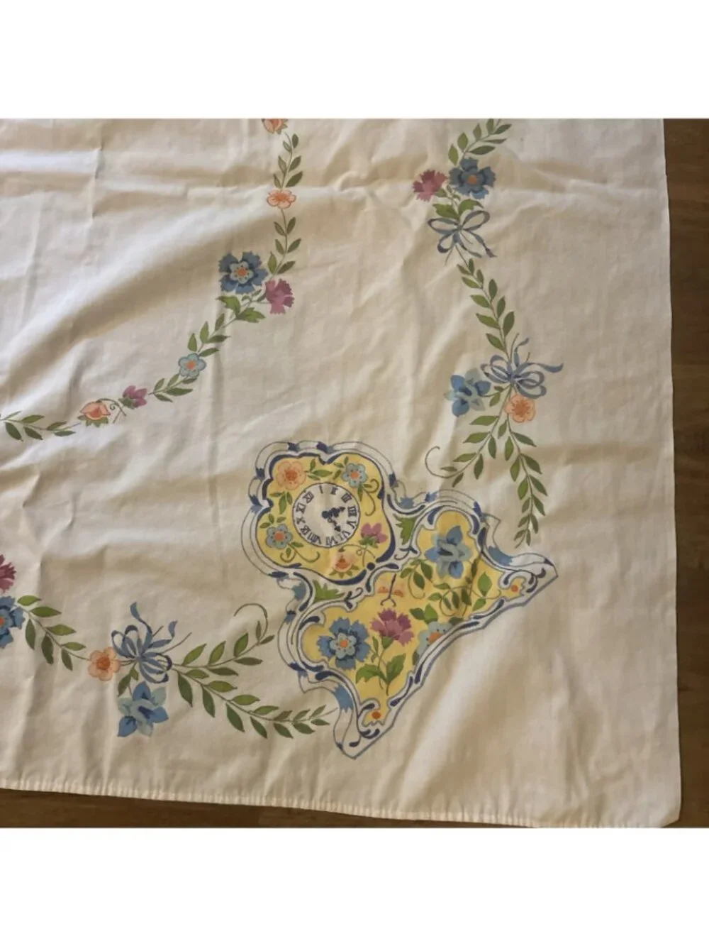 vintage cotton tablecloth Clocks Yellow And Blue 46 X 42